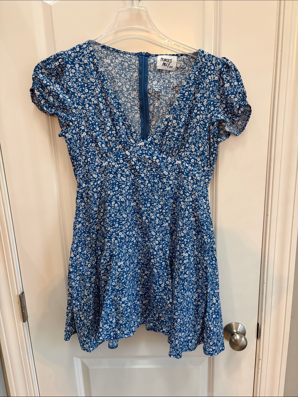 Princess Polly Blue Floral V-Neck Puff Sleeve Mini Dress
